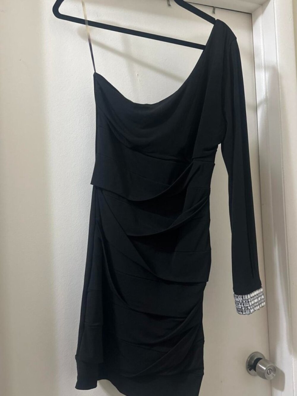 Windsor Black Mini Dress Ruched & Rhinestone Cuff — Glam Mini, Size M